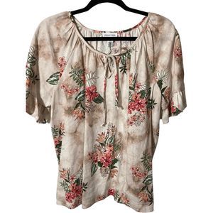 Chloe+Rene Womens Large Floral Smocked Blouse Top Short Sleeve with Ruffle EUC